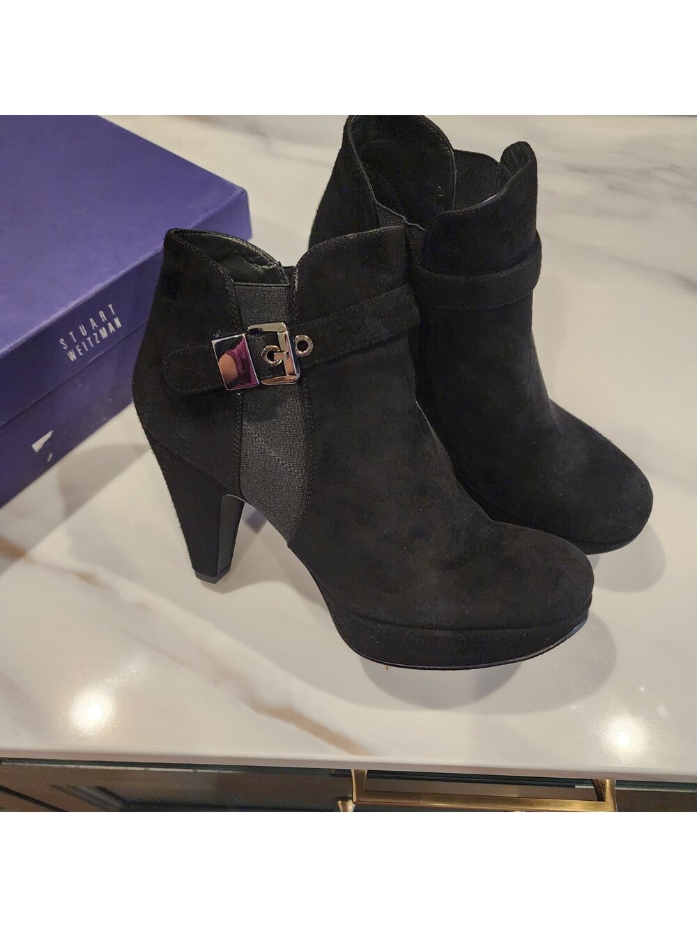 NIB Stuart Weitzman Black Suede Buckle High Heel Ankle Boots Booties 7.5